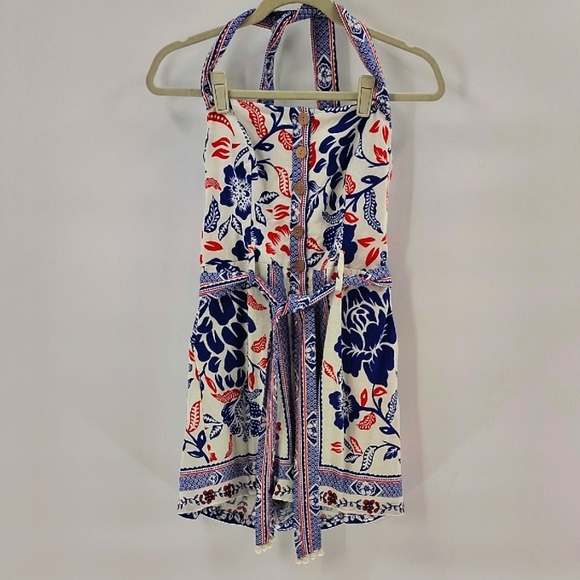 Rachel Zoe Red White Blue Linen Blend Romper Size 8 Button Down Neck Tie - Picture 1 of 10